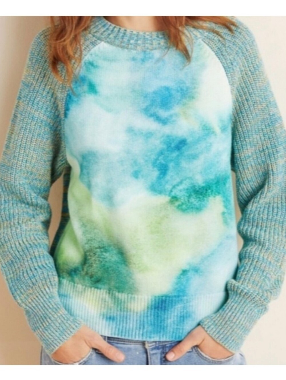 Anthropologie Watercolor Tie Die RaglanSweater Yellow Orange Green & Blue Med